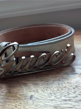 Gucci Tan Leather Belt Strap with Embossed Logo. Authentic